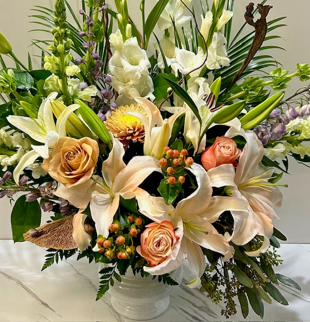 Soft Radiance Pedestal Compote Flower Arrangement